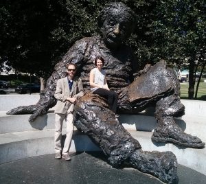 Alexis Thomas, GeoPlan Director, and Crystal Goodison, Associate Director, posed with a giant statue of Albert Einstein.