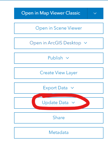 A screenshot of various options available for a feature layer in AGOL. Update Data is circled.