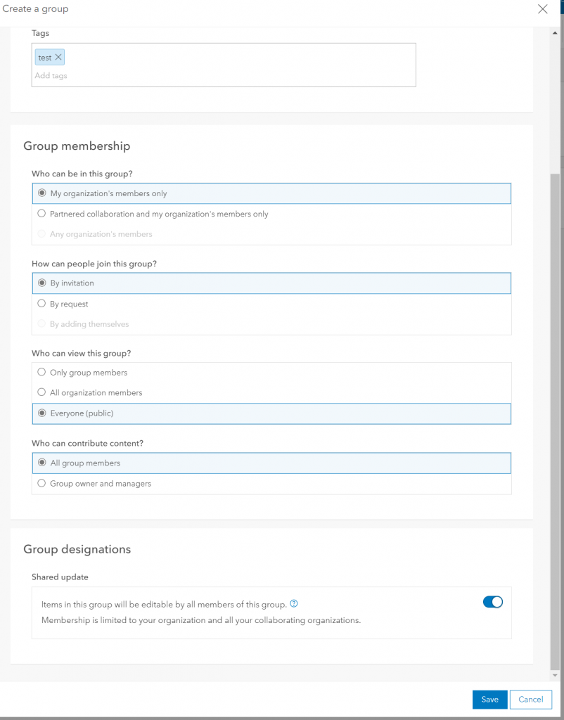 A screenshot for the settings for group collaboration in story maps.

The tags have been filled with the tag test. The following options are selected: My organization's members only, by invitation, everyone (public), all group members. The group designations Shared update box has been checked.