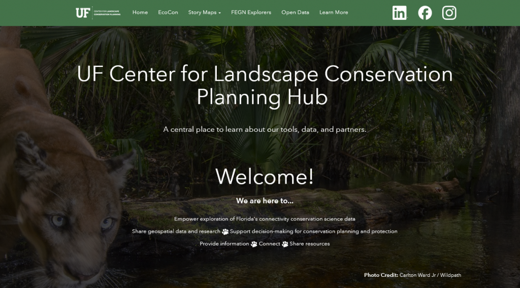 Homepage to the UF Center for Landscape Conservation Planning Hub on ArcGIS Online